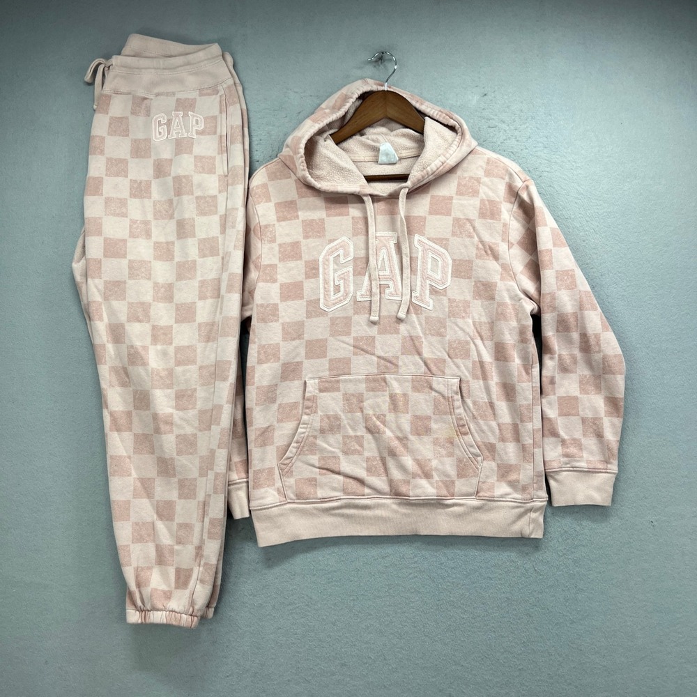 GAP Tracksuit Set Womens Medium Pink Check Plaid Hoodie Joggers Sweats Lounge